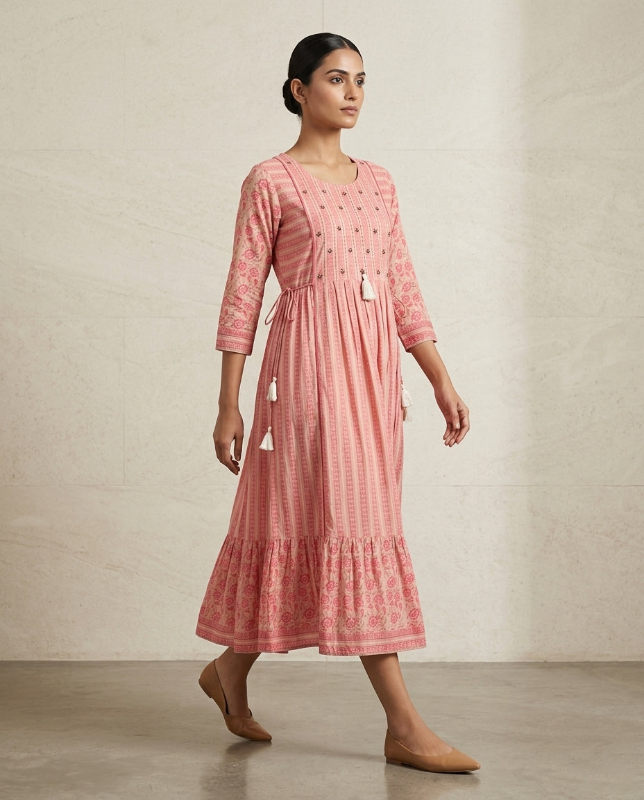 Pink "Rose Ribbon" Tassel-Detail Cotton Tiered Midi Dress