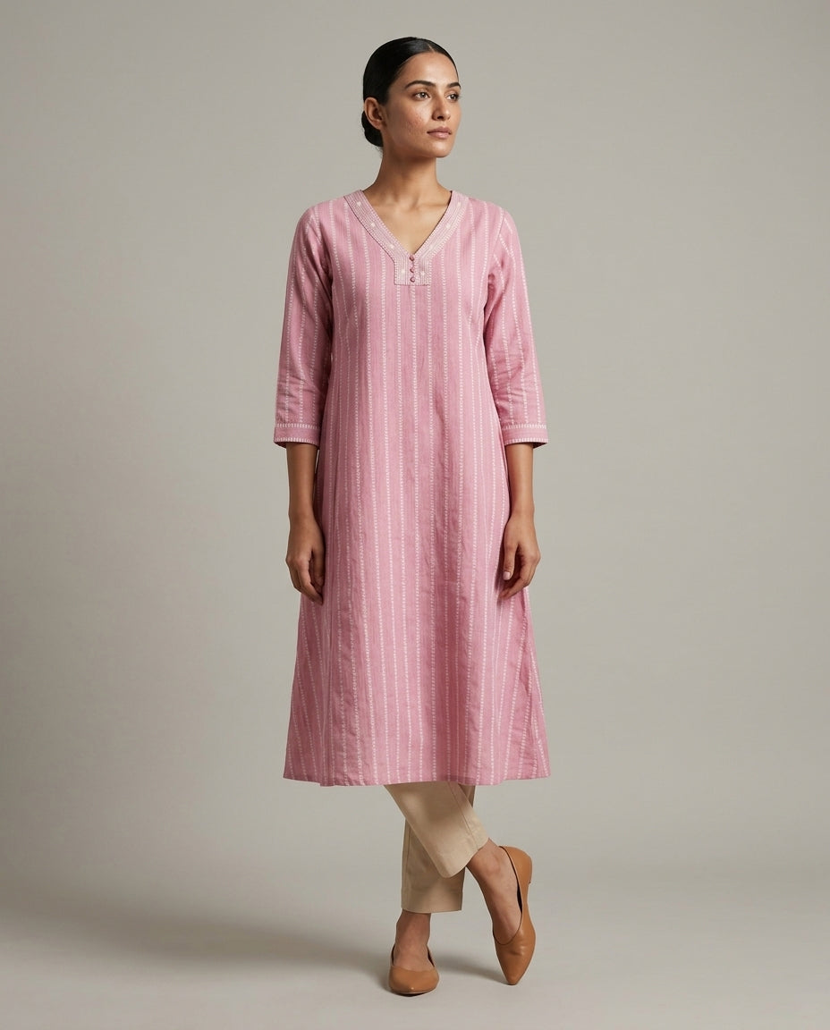 Onion Pink Vertical Striped A-Line Cotton Kurta