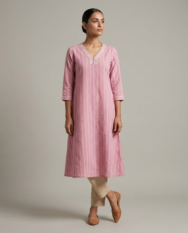 Onion Pink Vertical Striped A-Line Cotton Kurta