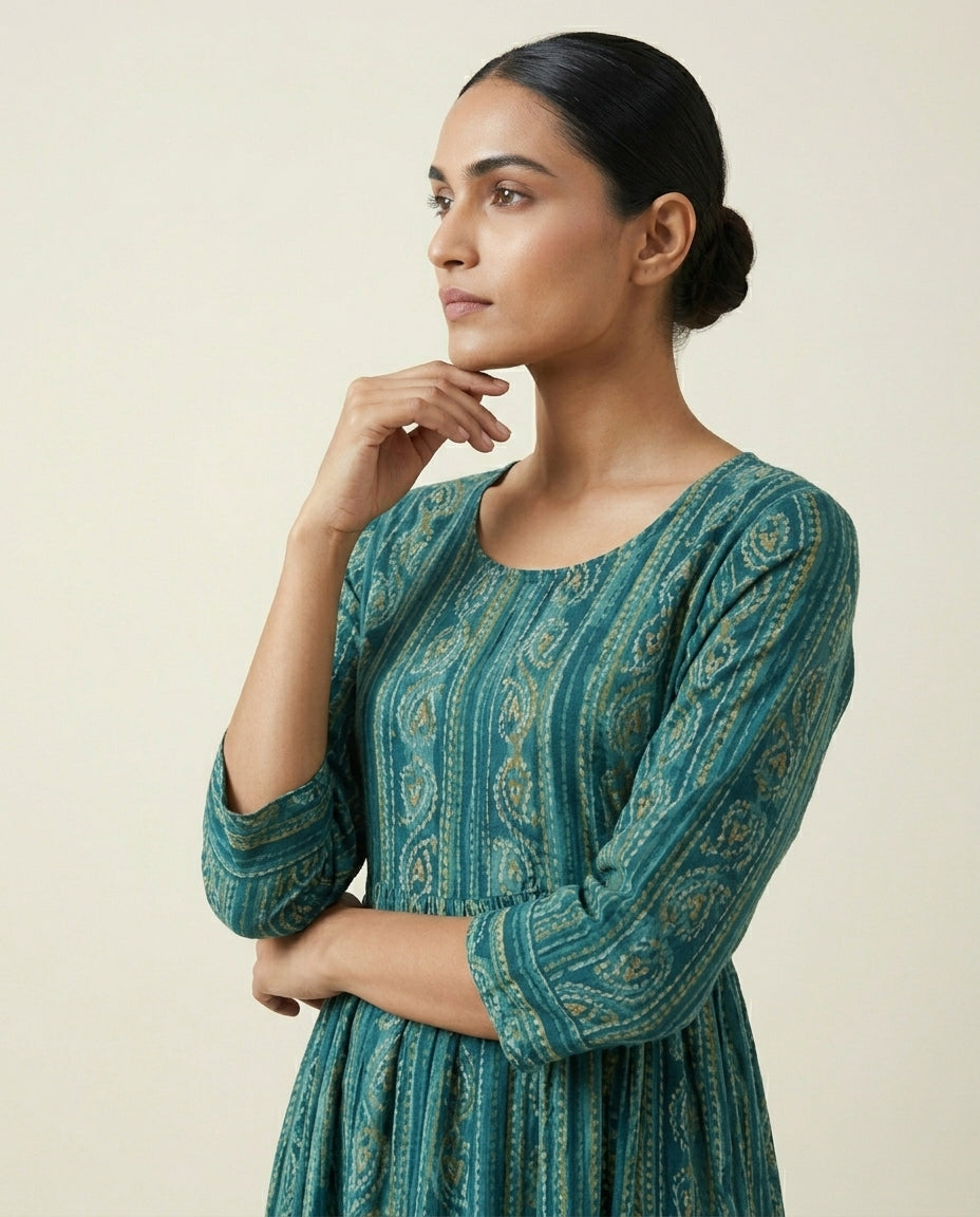 Teal Vertical Ethnic Printed Tiered Cotton Anarkali Kurta