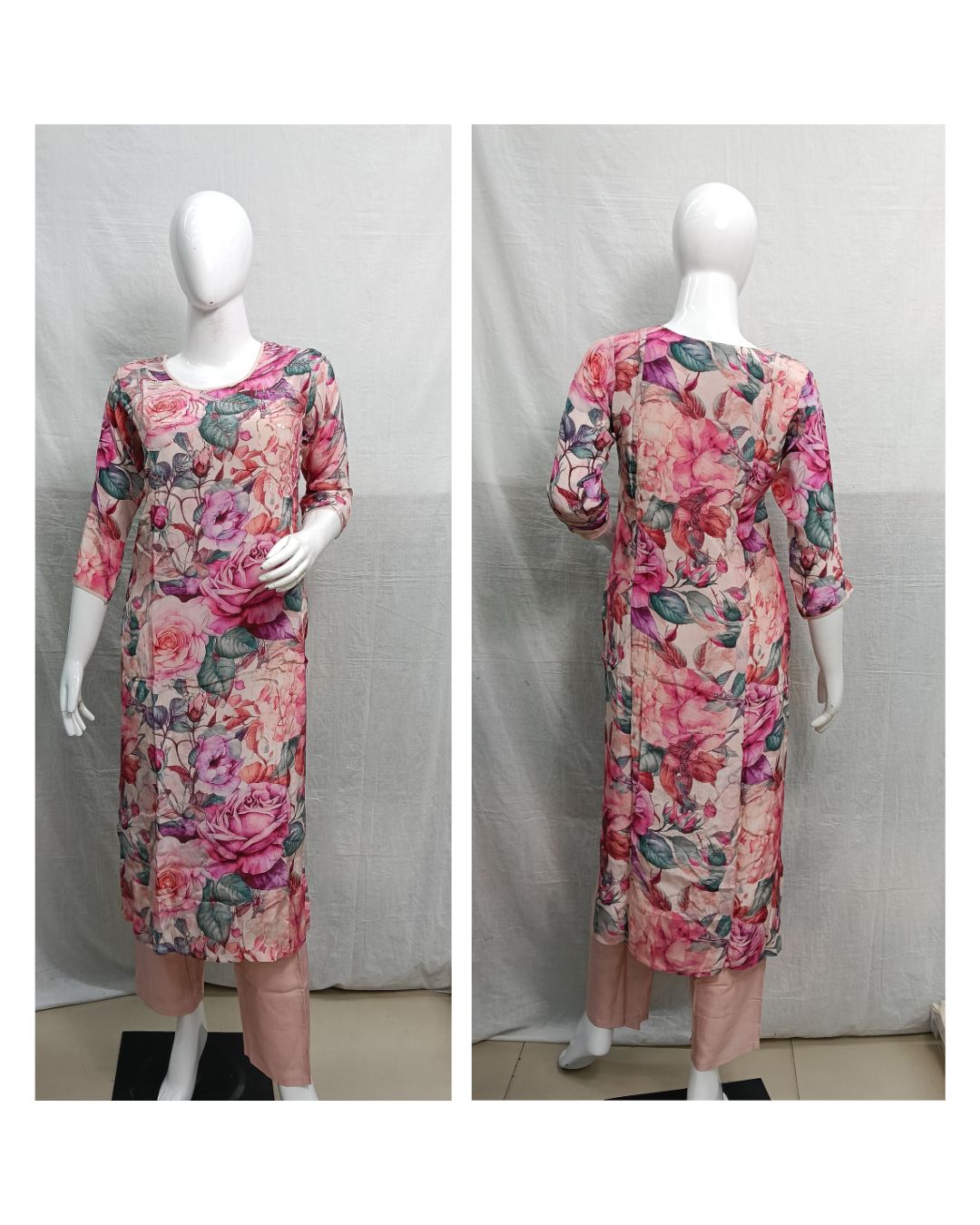 Peach Floral Printed Viscose Blend Straight Kurti