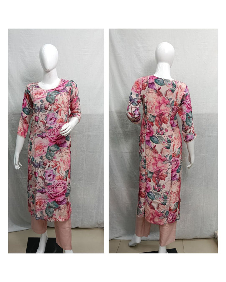 Peach Floral Printed Viscose Blend Straight Kurti