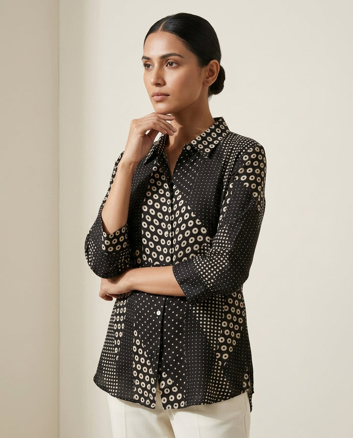 Midnight Black "Stellar Mosaic" Dot Print Cotton Shirt