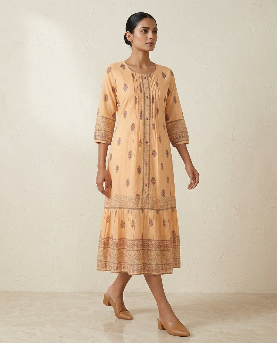 Apricot "Nectar Bloom" Embroidered Cotton Tiered Midi Dress