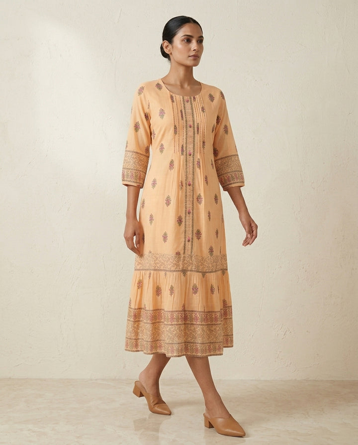 Apricot "Nectar Bloom" Embroidered Cotton Tiered Midi Dress