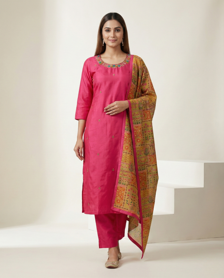 Rani Pink Embroidered Muslin 3-Piece Suit Set