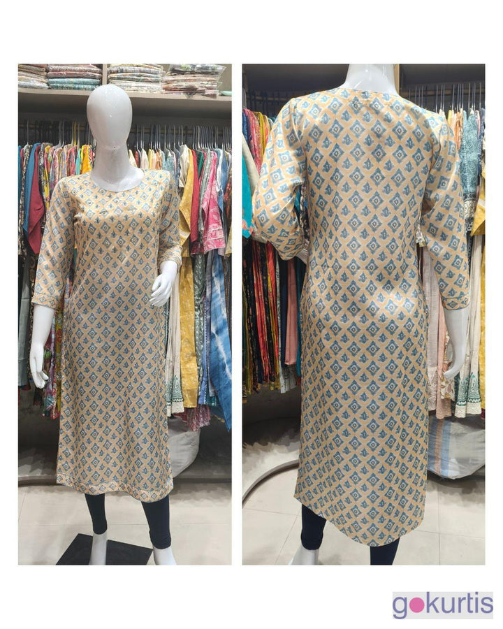 Beige Geometric Printed Linen Satin Straight Kurti