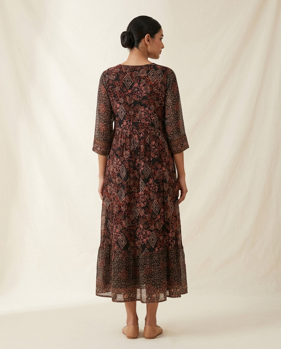 Ethereal Earth Tones: Printed Georgette Anarkali Midi Dress
