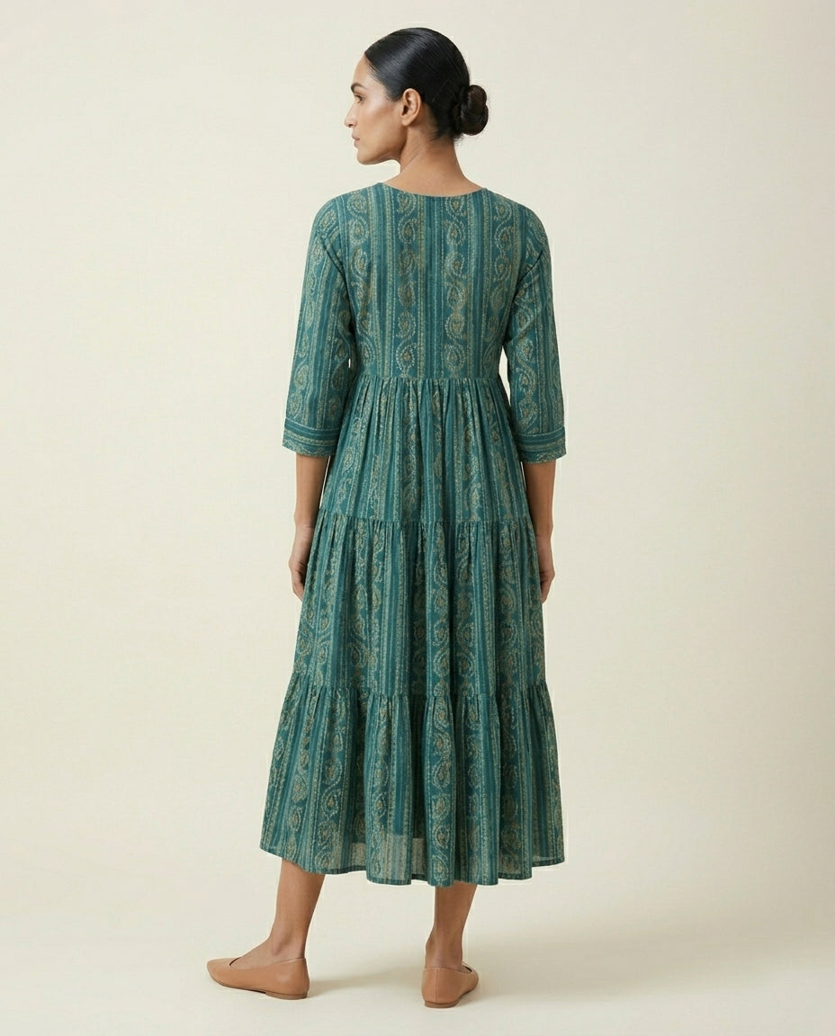 Teal Vertical Ethnic Printed Tiered Cotton Anarkali Kurta