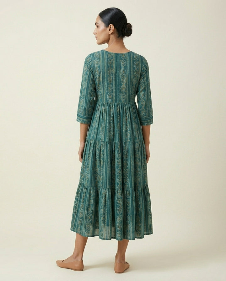 Teal Vertical Ethnic Printed Tiered Cotton Anarkali Kurta