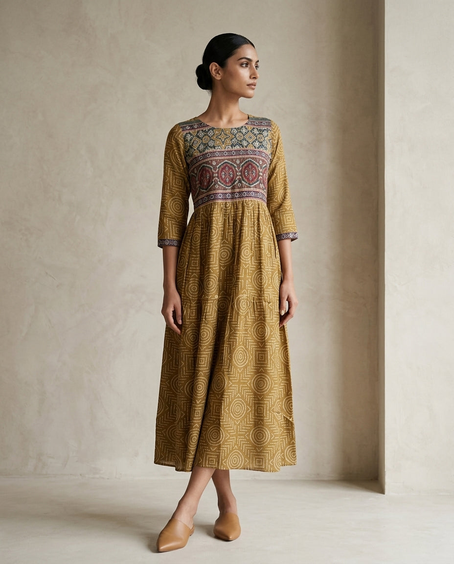 Mustard Yellow Geometric Printed Cotton Anarkali Kurta