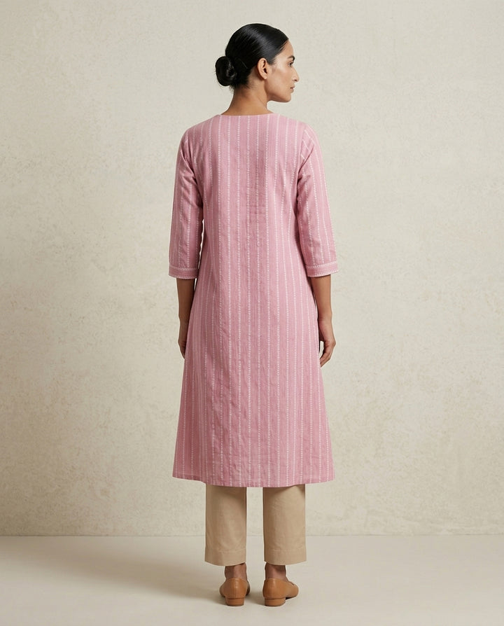 Onion Pink Vertical Striped A-Line Cotton Kurta