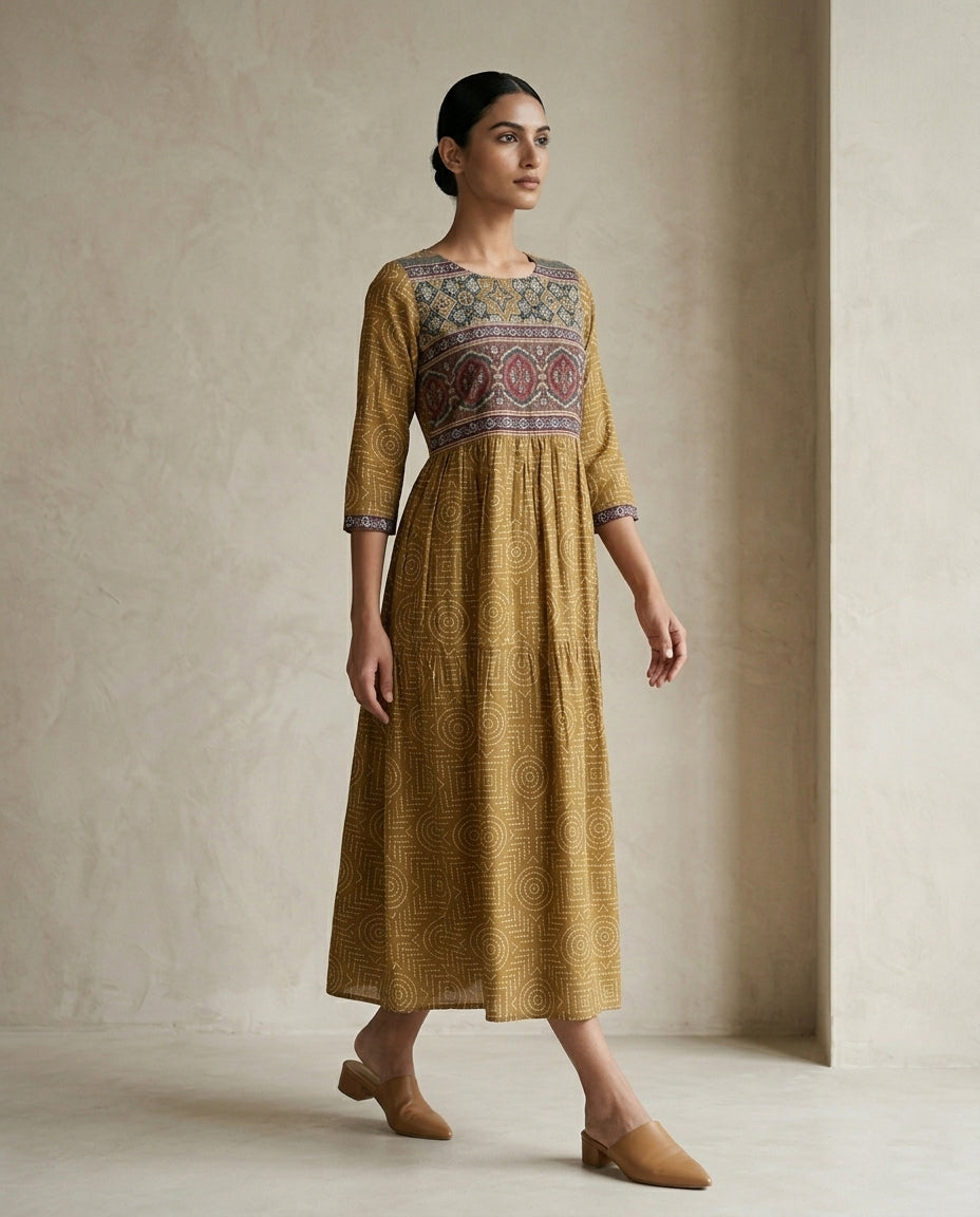 Mustard Yellow Geometric Printed Cotton Anarkali Kurta