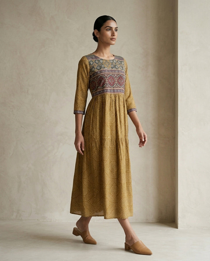 Mustard Yellow Geometric Printed Cotton Anarkali Kurta