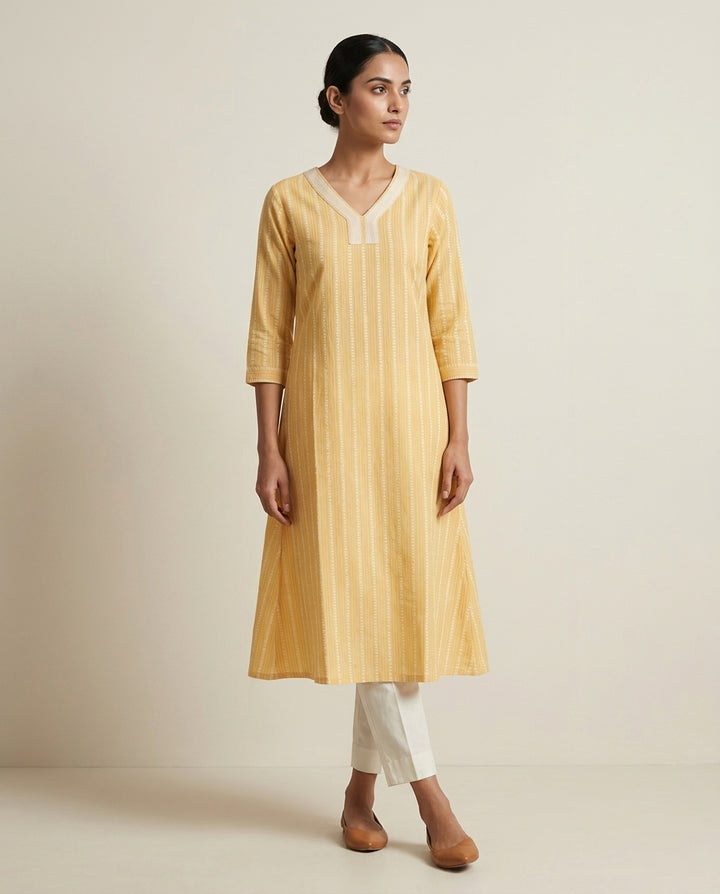 Mustard Yellow Vertical Striped A-Line Cotton Kurta