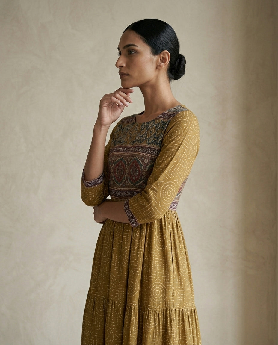 Mustard Yellow Geometric Printed Cotton Anarkali Kurta