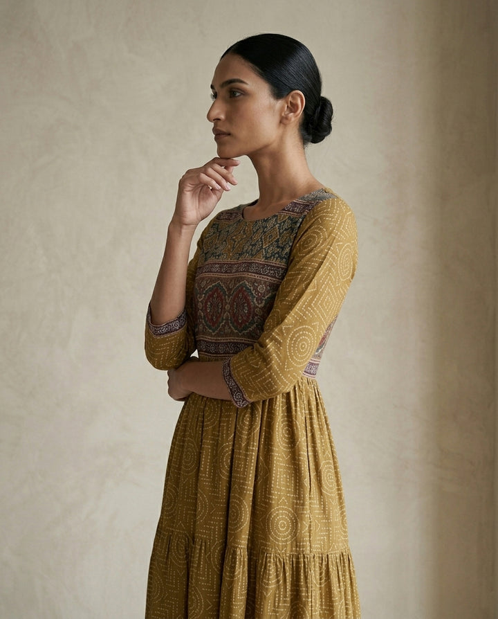 Mustard Yellow Geometric Printed Cotton Anarkali Kurta