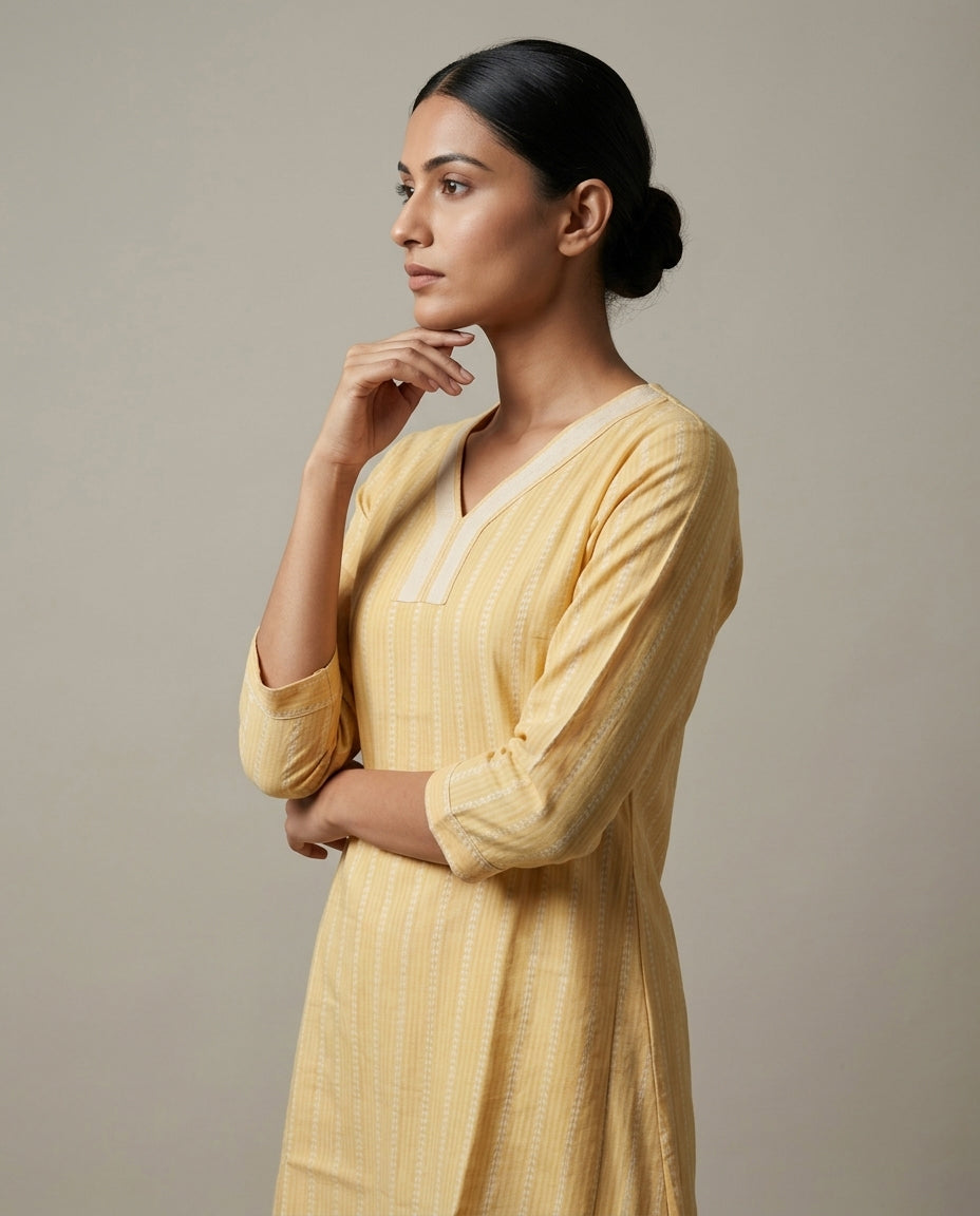 Mustard Yellow Vertical Striped A-Line Cotton Kurta