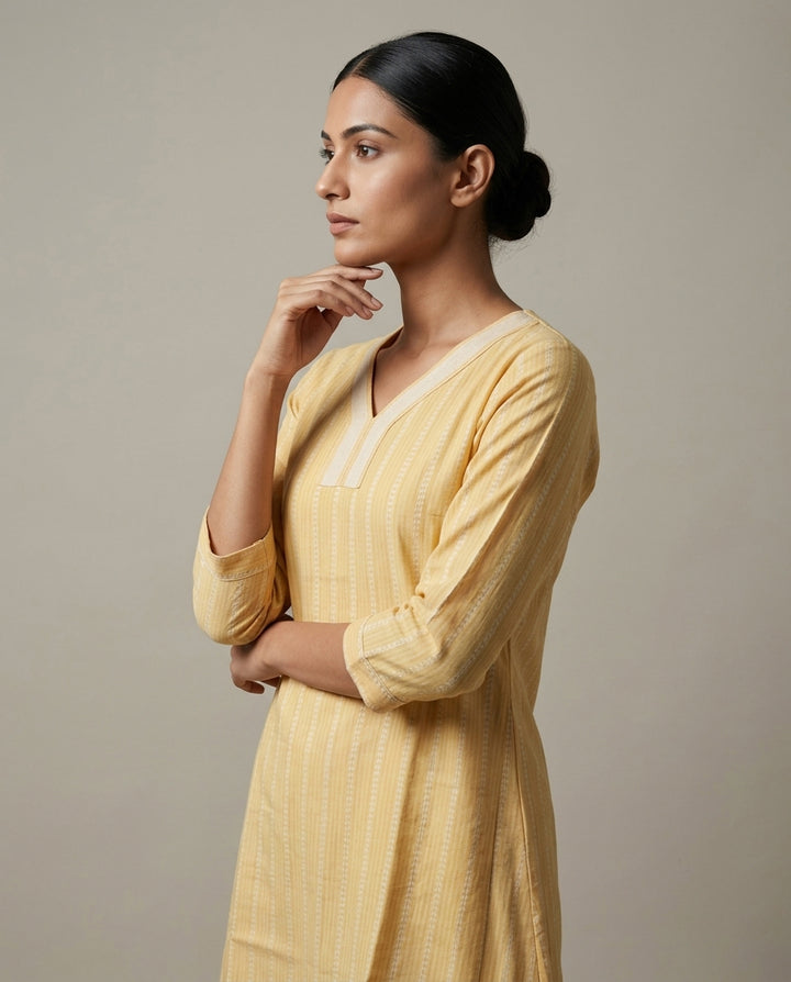 Mustard Yellow Vertical Striped A-Line Cotton Kurta