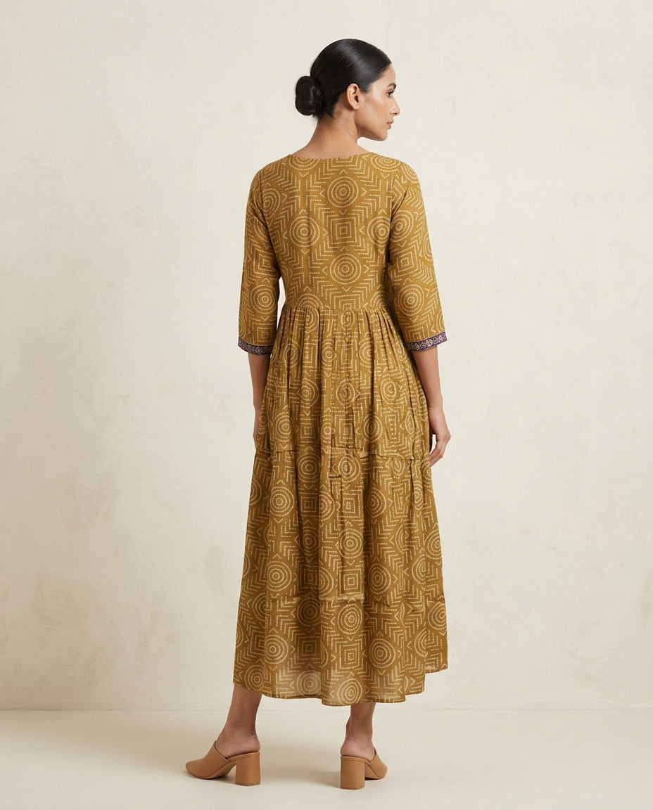 Mustard Yellow Geometric Printed Cotton Anarkali Kurta
