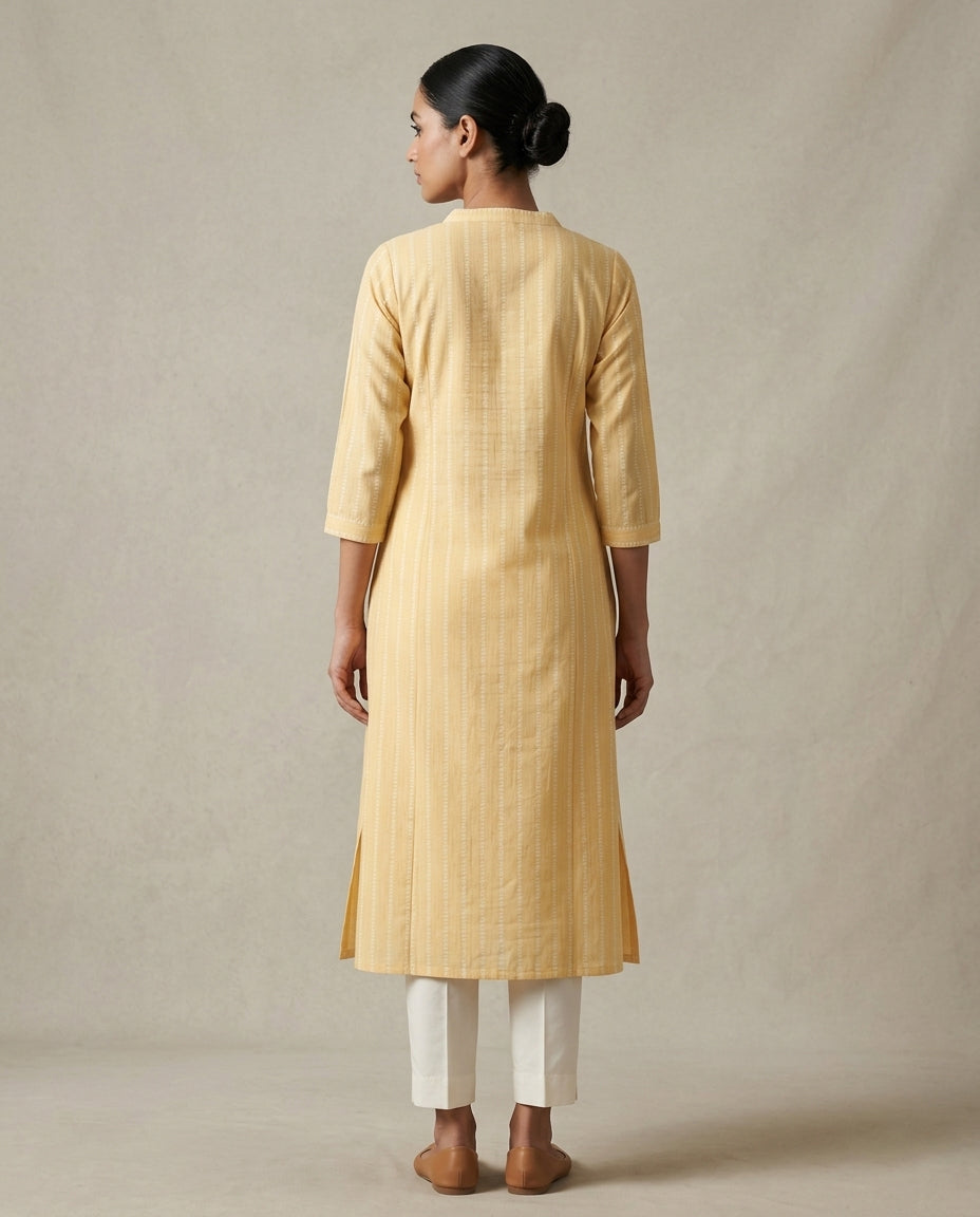 Mustard Yellow Vertical Striped A-Line Cotton Kurta
