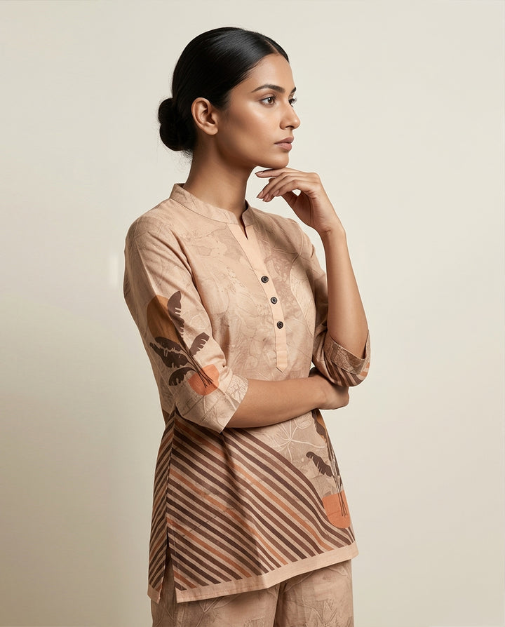 Sand Botanical Placement &amp; Striped Print Cotton Co-Ord Set