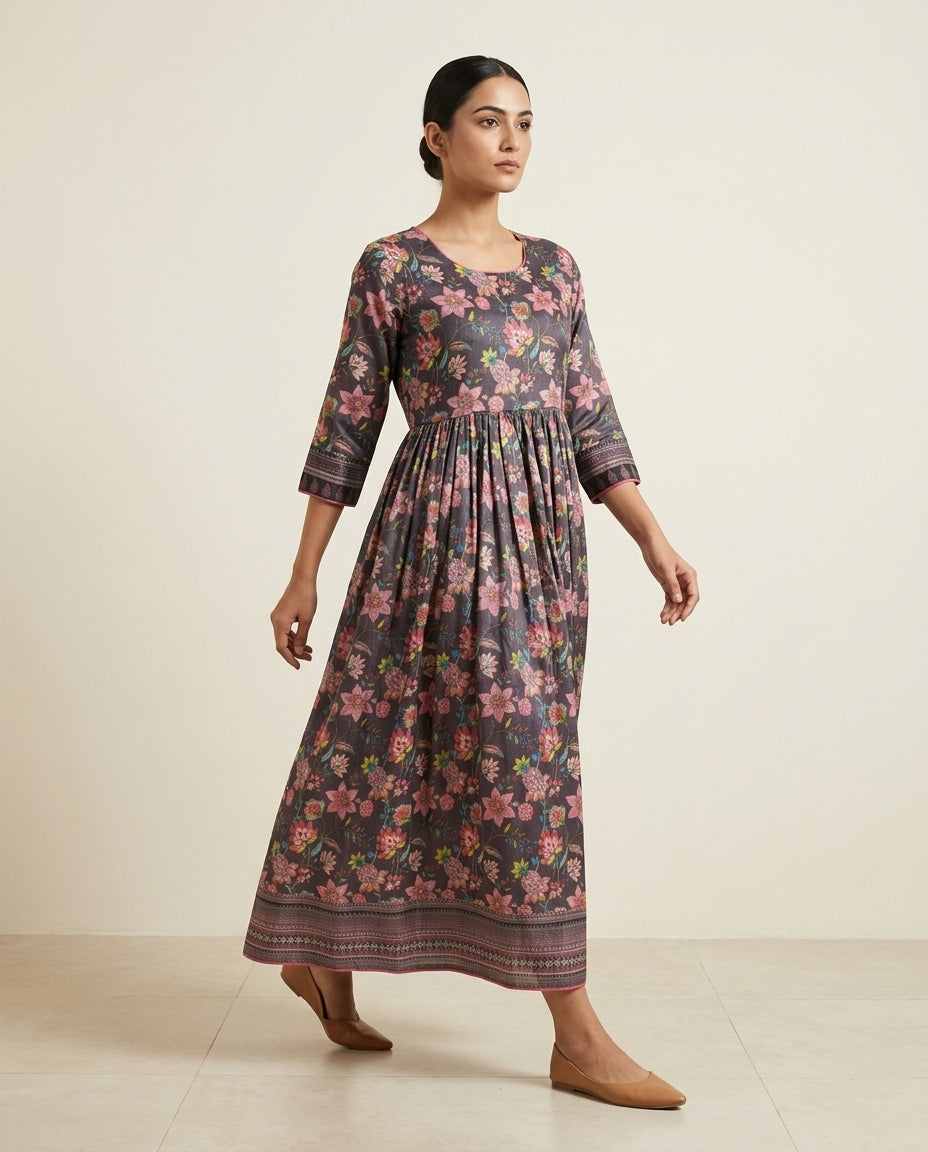 Olive "Vineyard Bloom" Floral Print Tiered Cotton Midi Dress
