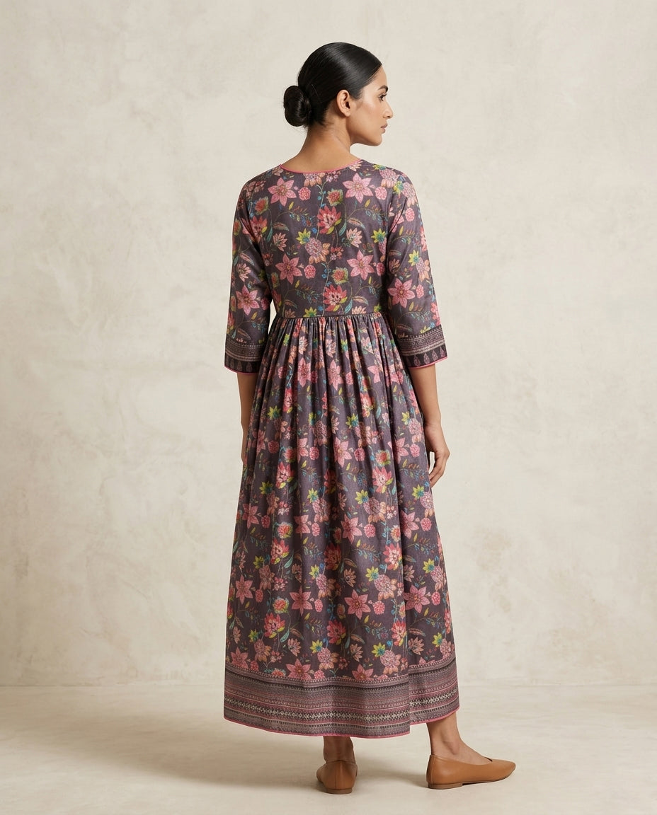 Olive "Vineyard Bloom" Floral Print Tiered Cotton Midi Dress