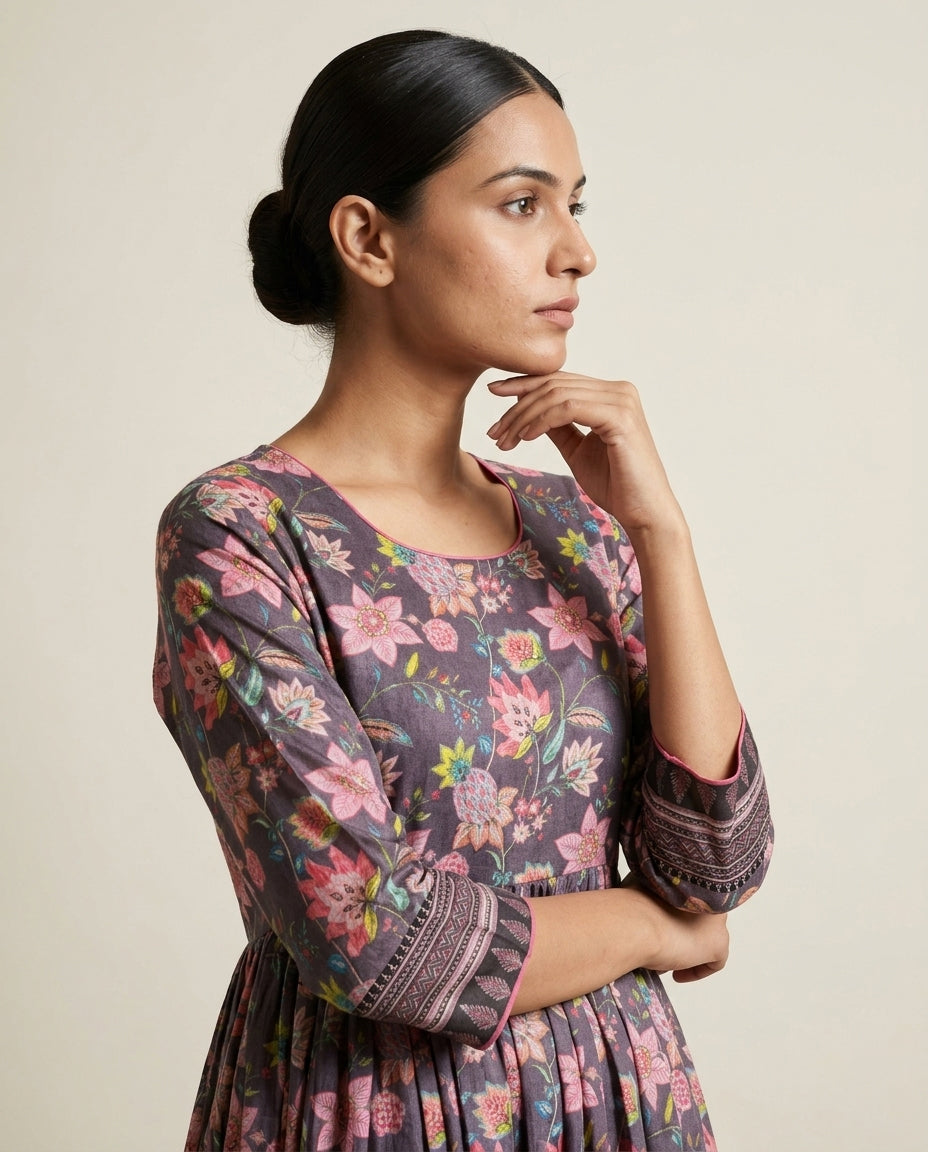 Olive "Vineyard Bloom" Floral Print Tiered Cotton Midi Dress