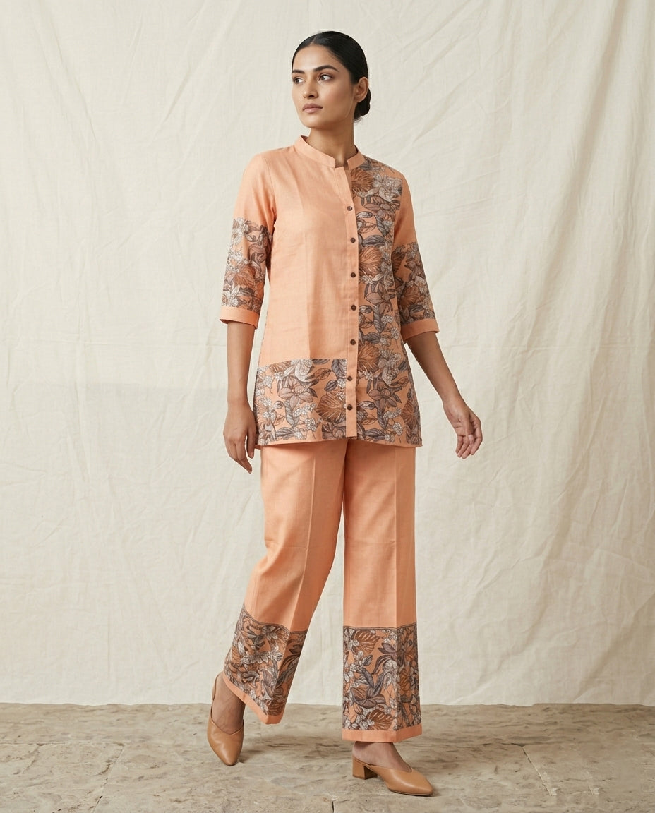 Peach Asymmetrical Floral Printed Linen Co-Ord Set