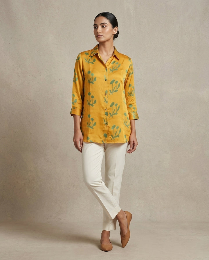Ochre Botanical Gajji Silk  Shirt