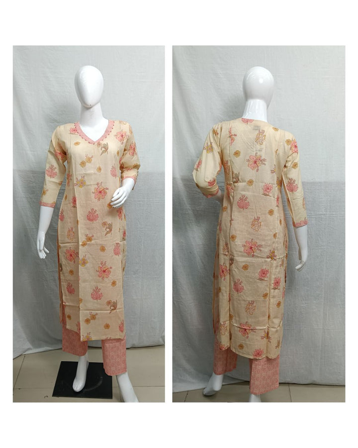 Cream Floral Printed Linen Kurti Set