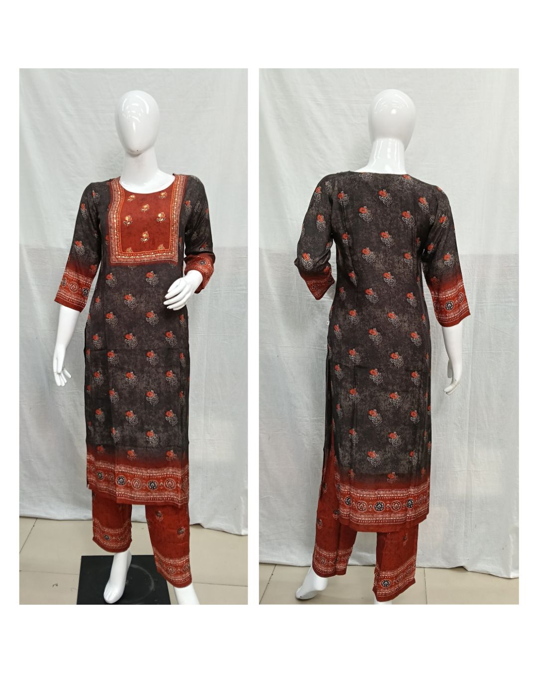 Gray &amp; Rust Floral Printed Muslin Kurti Set