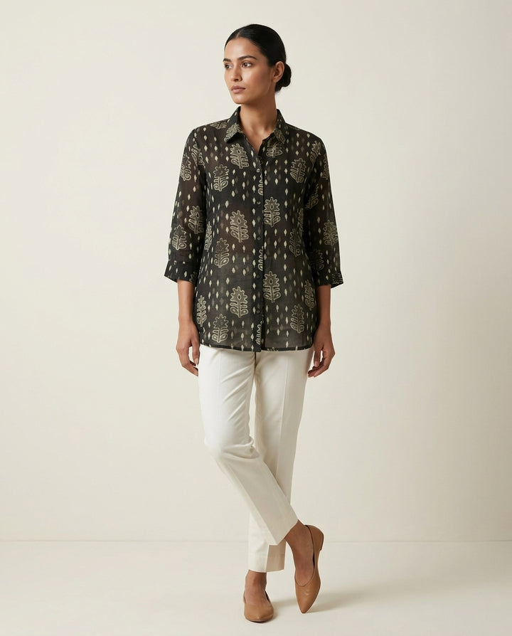 Olive Noir "Ancient Ikat" Block-Print Cotton-Linen Shirt