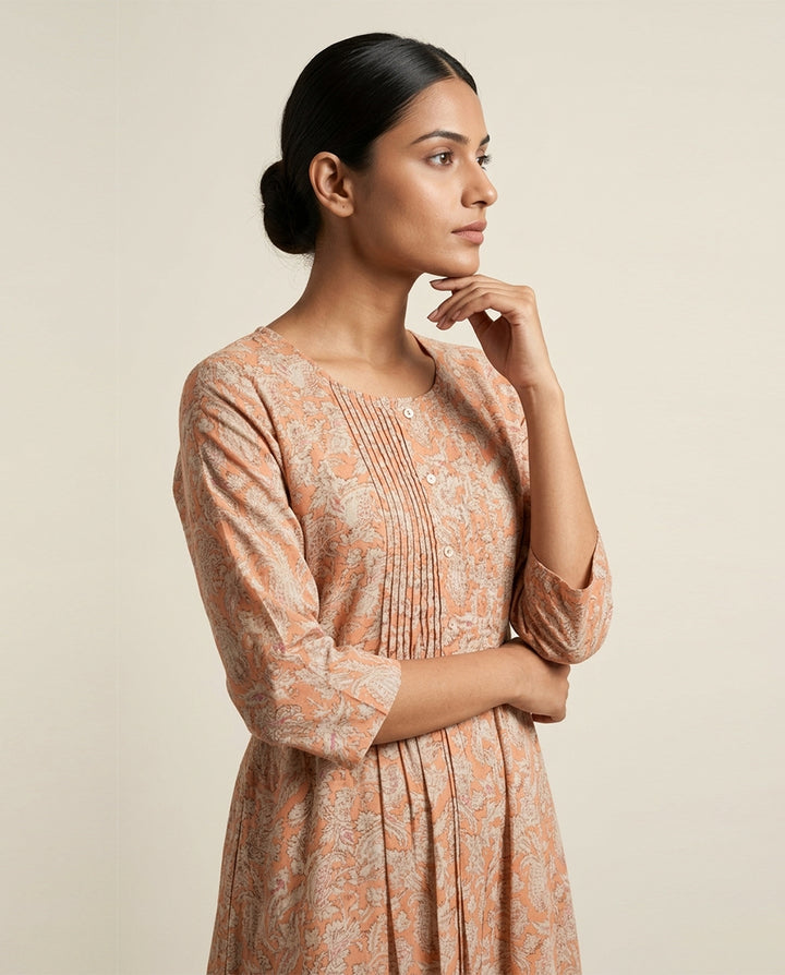 Peach "Garden Grace" Pleated Cotton A-Line Midi Dress