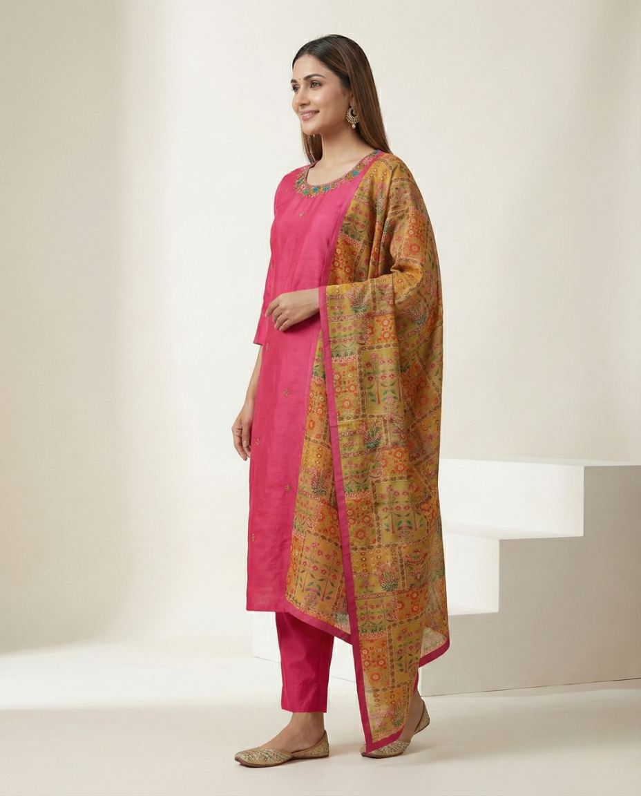 Rani Pink Embroidered Muslin 3-Piece Suit Set