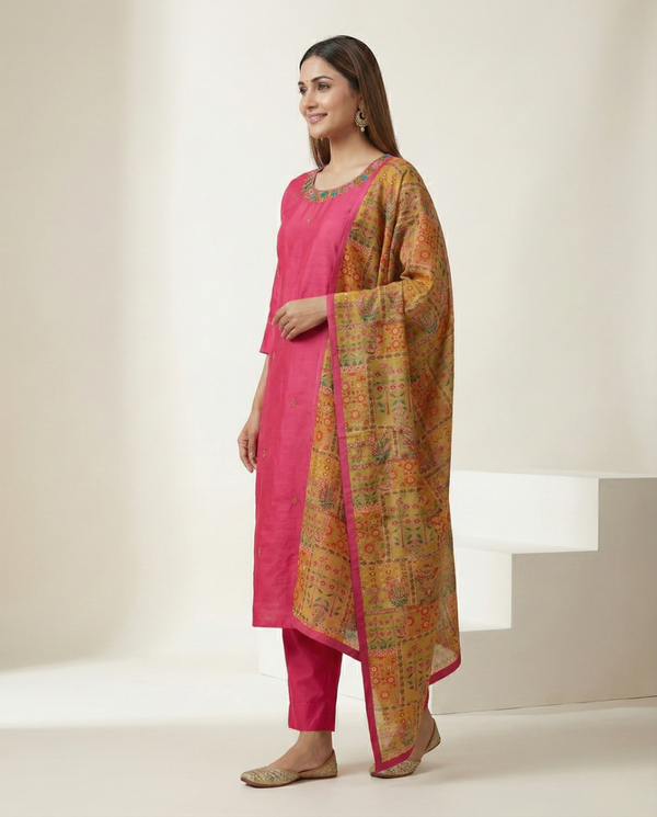Rani Pink Embroidered Muslin 3-Piece Suit Set