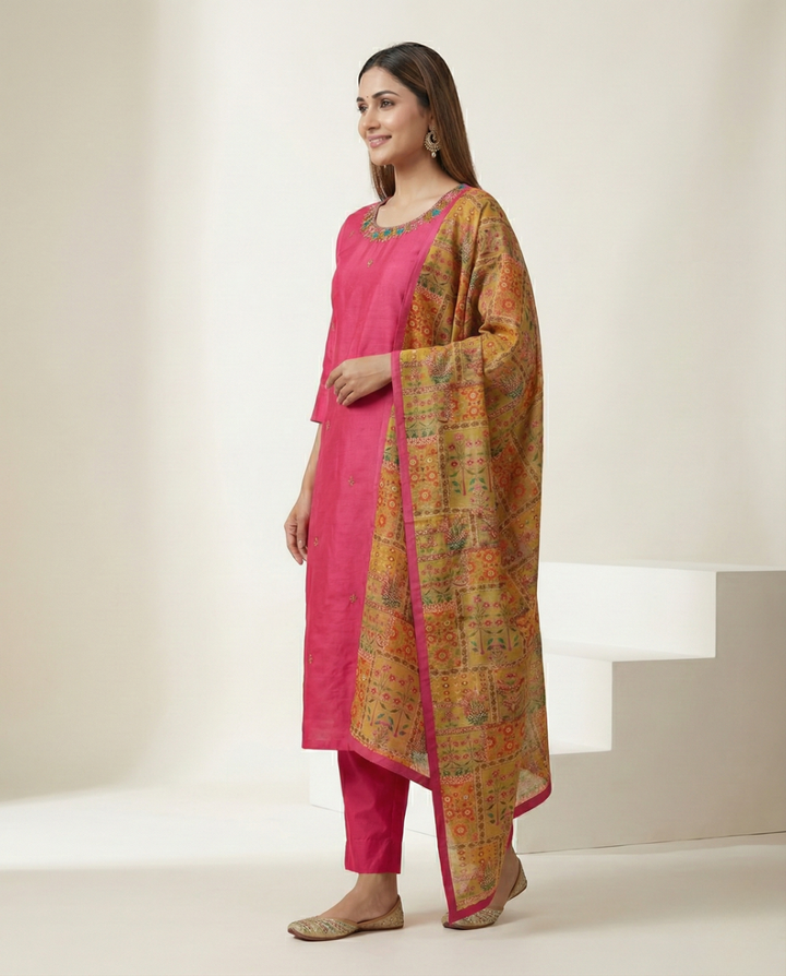 Rani Pink Embroidered Muslin 3-Piece Suit Set