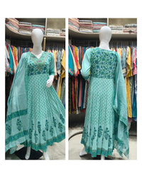 Sea Green Floral Printed Kota Chex 3-Piece Anarkali Set 5