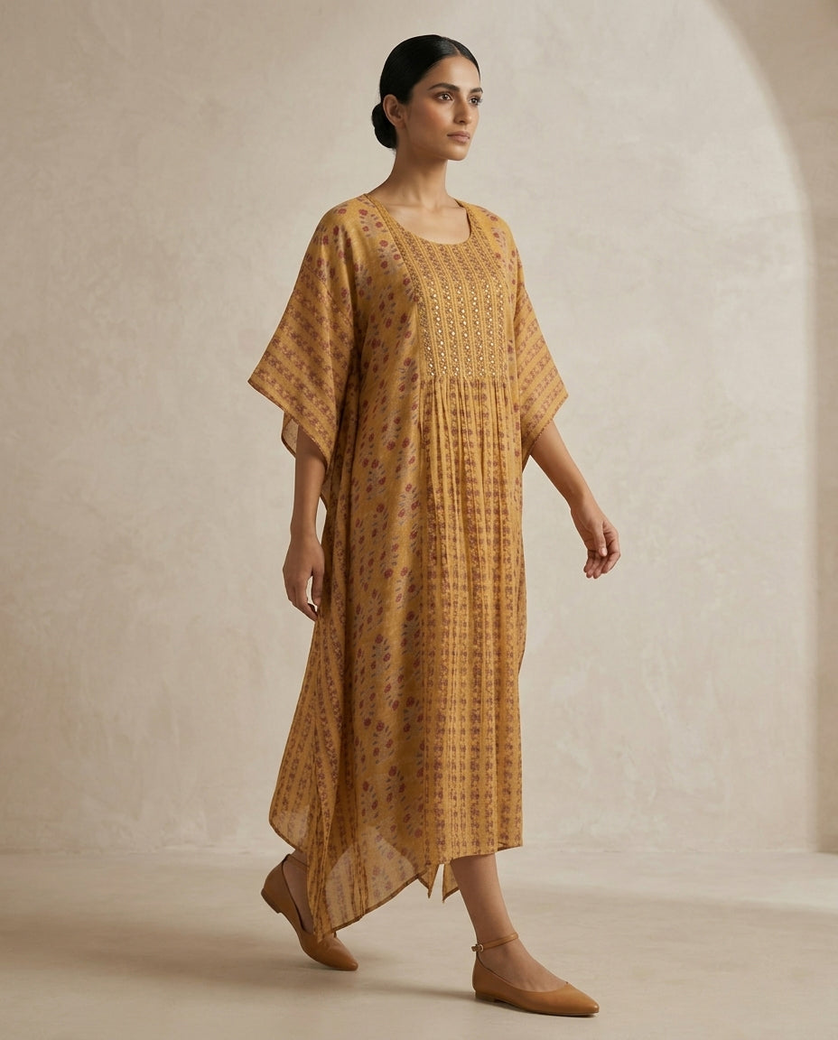 Ochre "Golden Kaftan" Embellished Chinon Tiered Midi Dress