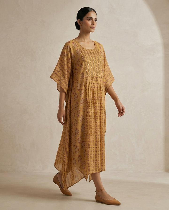 Ochre "Golden Kaftan" Embellished Chinon Tiered Midi Dress