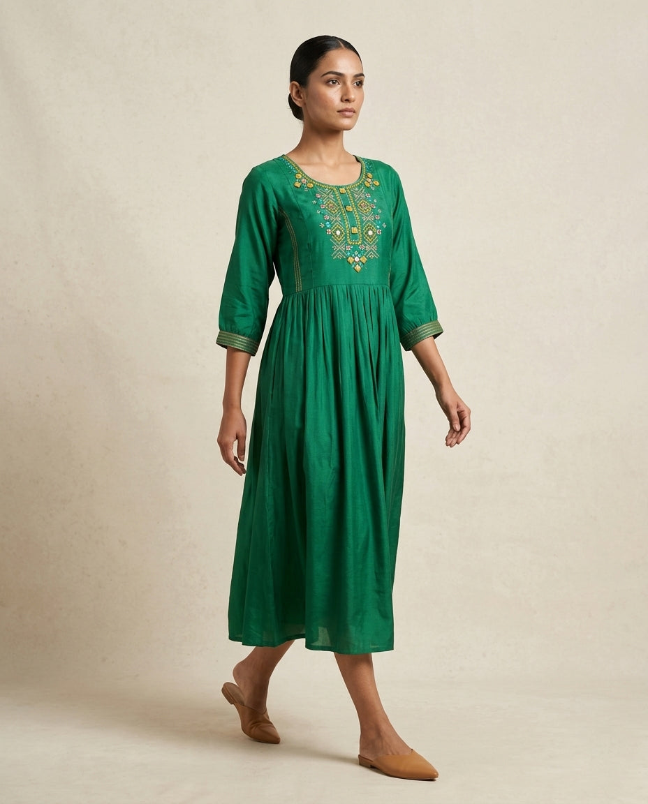 Emerald "Royal Yoke" Embroidered Muslin Midi Dress