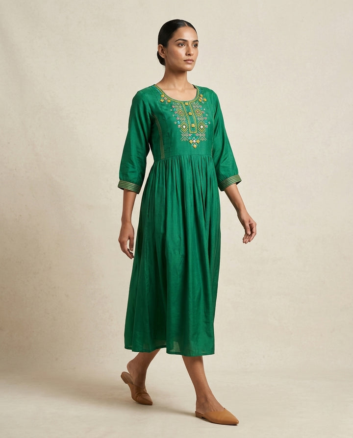 Emerald "Royal Yoke" Embroidered Muslin Midi Dress