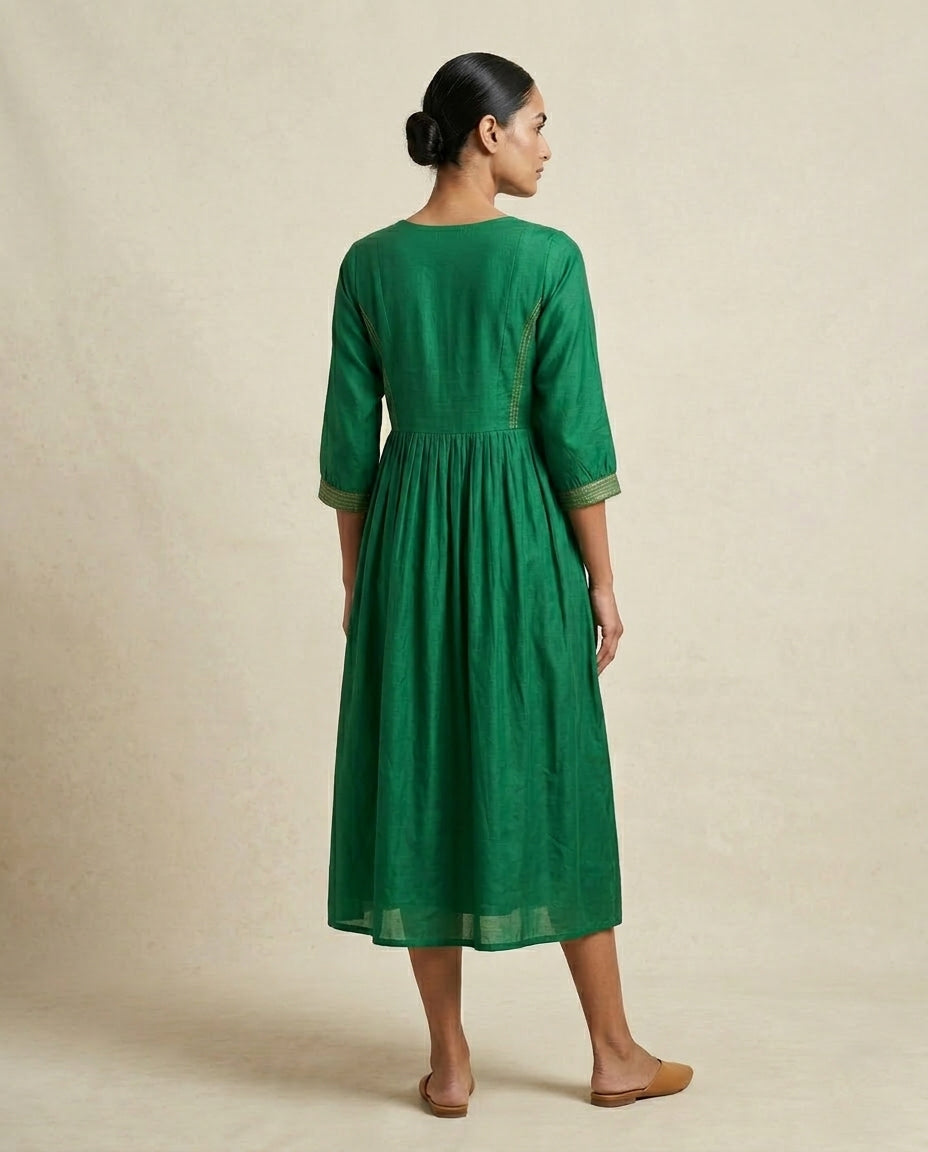 Emerald "Royal Yoke" Embroidered Muslin Midi Dress