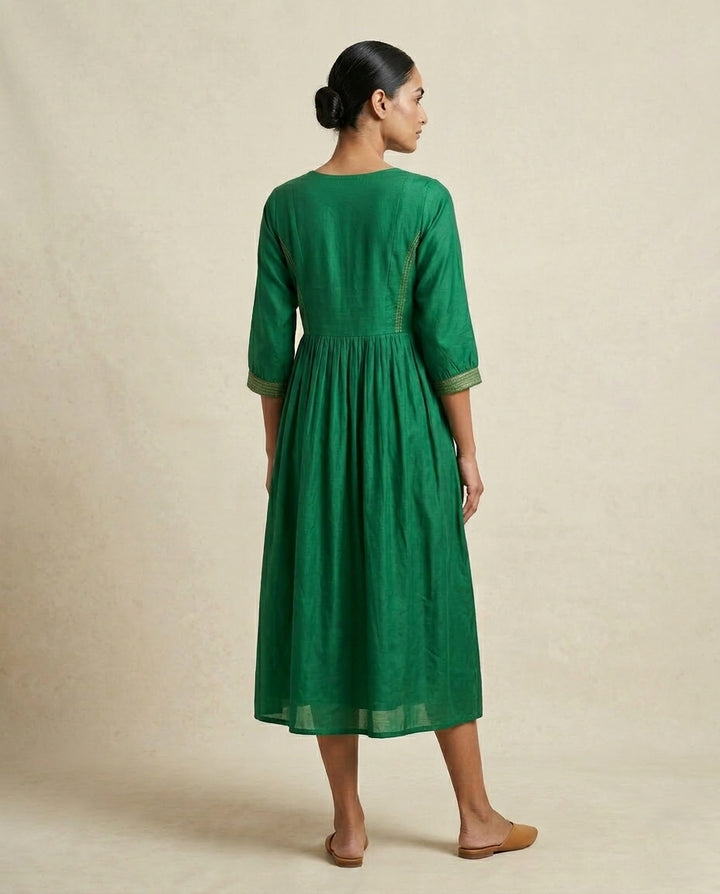 Emerald "Royal Yoke" Embroidered Muslin Midi Dress
