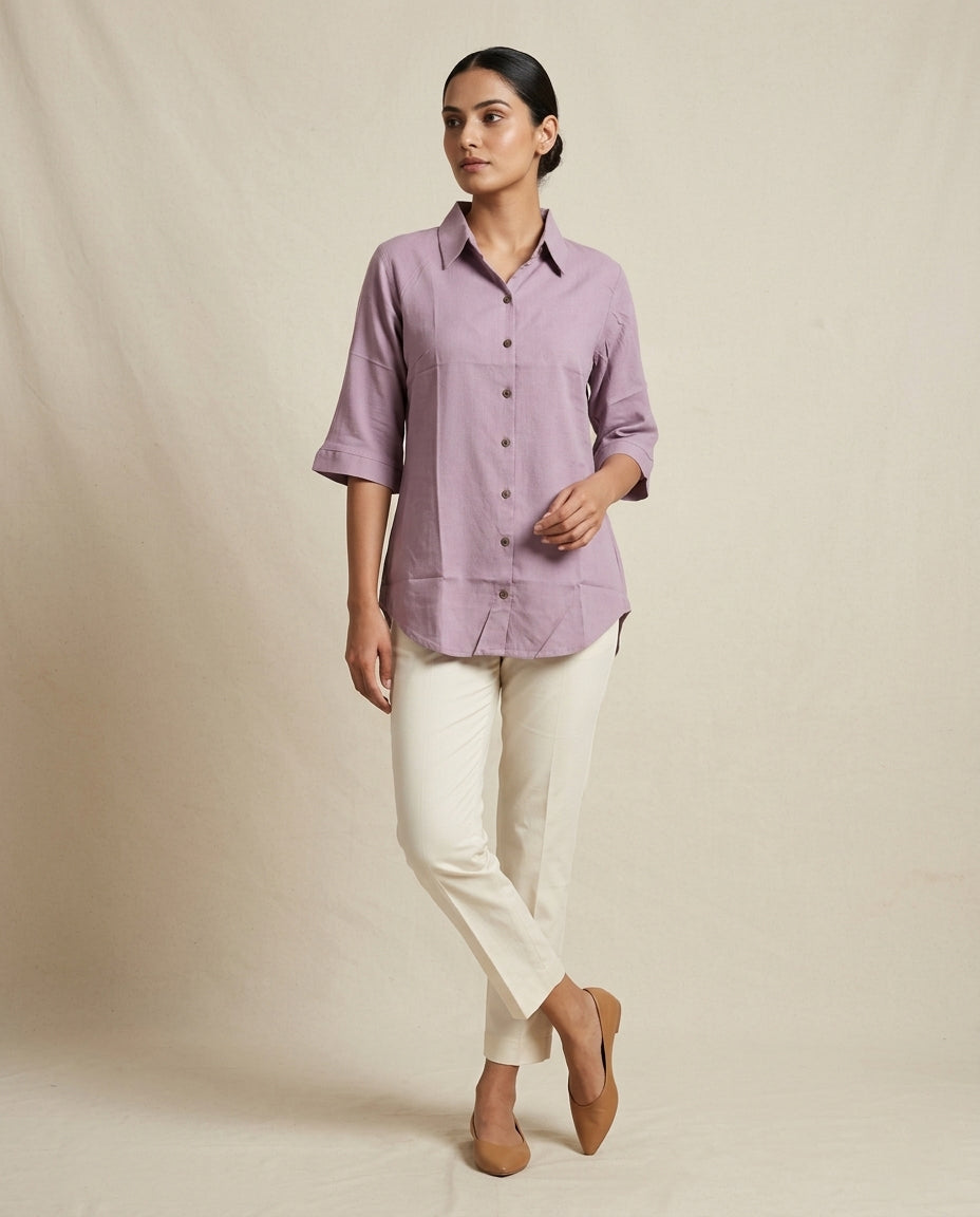 "Urban Serenity" Solid Button-Down Cotton-Linen Shirt Dress
