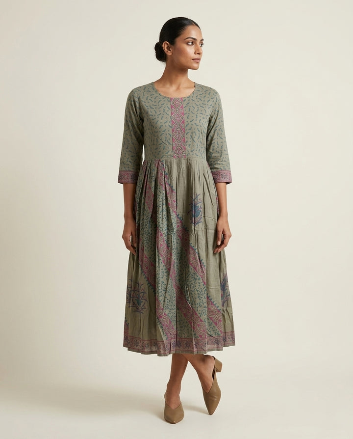Sage Green Ethnic Printed Anarkali Cotton Kurta