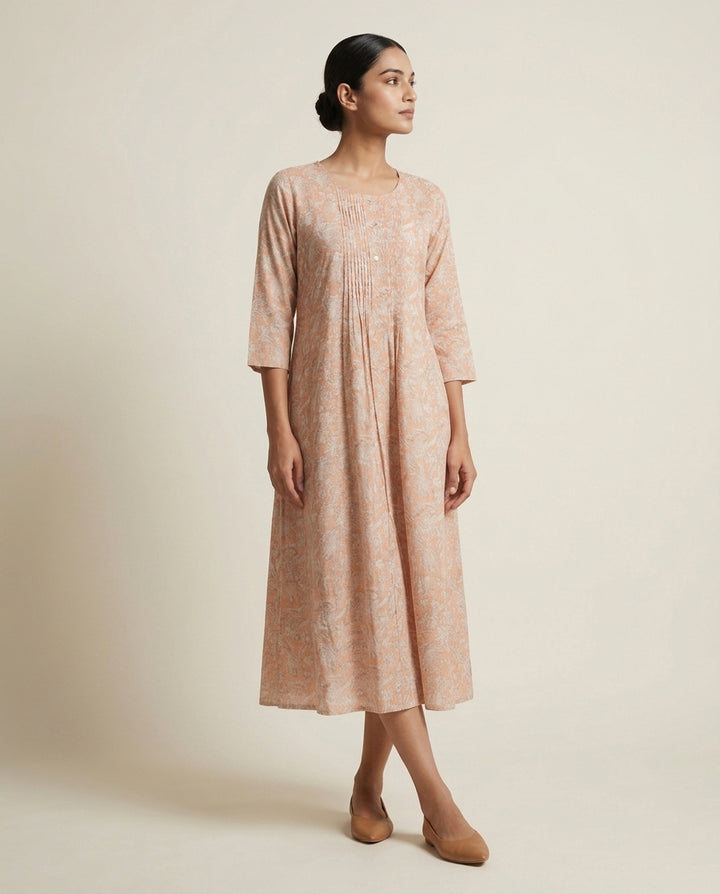 Peach "Garden Grace" Pleated Cotton A-Line Midi Dress