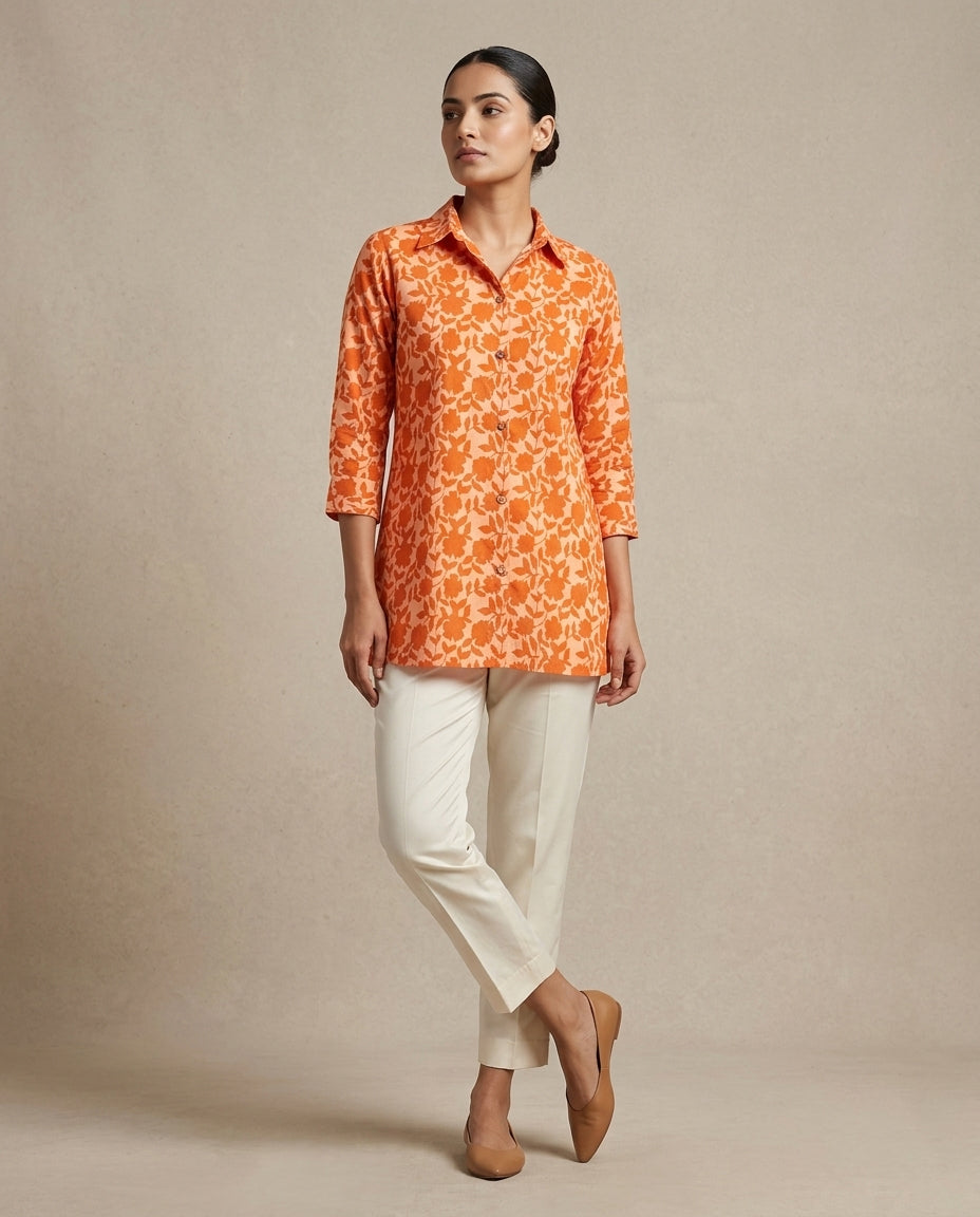 Sunset Orange Floral Damask Tunic Set