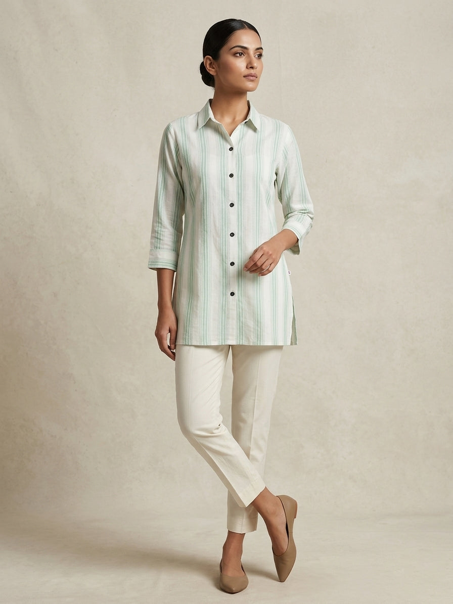 Mint Sage Striped Linen Tunic.